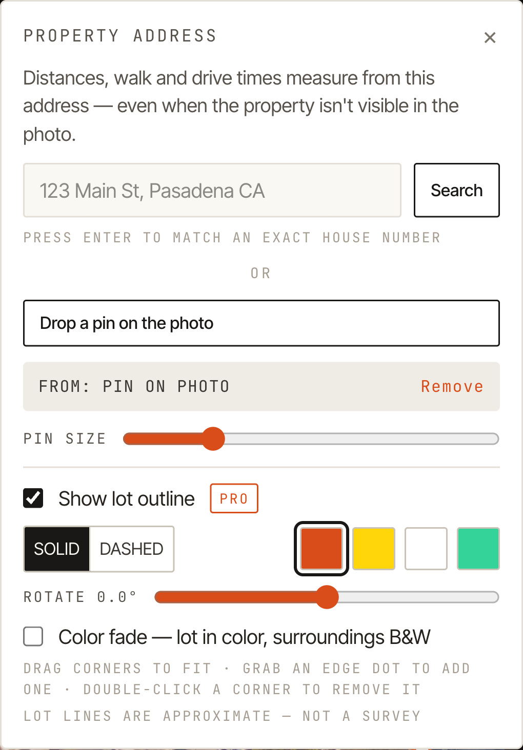 The property pin panel: address search, pin controls, and lot outline options